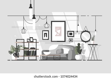 Cozy living room. Stylish interior with sofa. Vector illustration