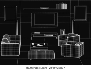 Uma acolhedora sala de estar com dois sofás de pelúcia, uma mesa de café de madeira e uma televisão montada, rodeada por livros e objetos decorativos. O design do contorno 3D realça o layout interior limpo