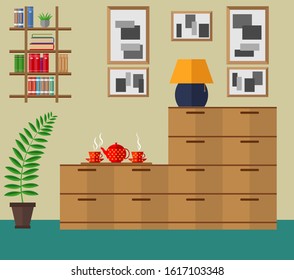 Cozy living room with a wardrobe, books and other decorations. Vector illustration on the theme of the interior.