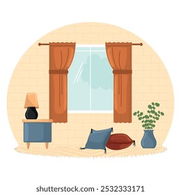 Acogedora sala de estar con ventana, mesa auxiliar y cojines, Vector