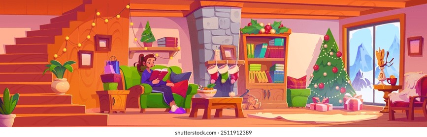 Cozy living room of winter cabin on New Year holidays. Cartoon vector woman sitting on sofa and reading book near fireplace decorated with socks and Christmas tree, snowy mountains outside window.