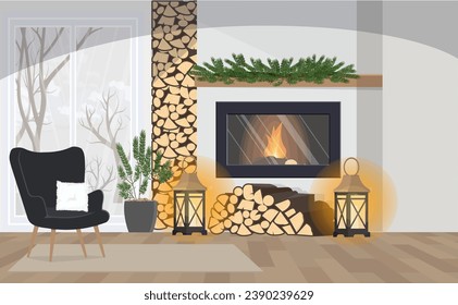 Acogedor salón interior de invierno con chimenea.