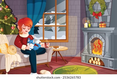 Acogedora sala de estar con mujer que sostiene al cachorro sentado en el sofá, disfrutando de la bebida caliente por la chimenea al lado del árbol de Navidad. Escena de invierno acogedora festiva 