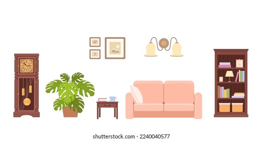 Salón acogedor con biblioteca de madera, sofá y reloj de abuelo. El concepto de casa interior. Caricatura de estilo plano. Ilustración del vector