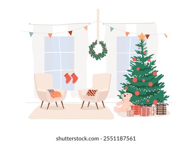 A cozy living room with Xmas tree, home decorations, fir wreath armchairs and panoramic windows.  Christmas interior on winter holiday. Vector illustration isolated on white background