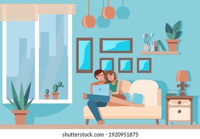 Cozy living room. A young couple gently cuddle on the couch and watch a movie on their laptop. concept of a happy family life. Cute interior with characters. Vector illustration in a flat style.