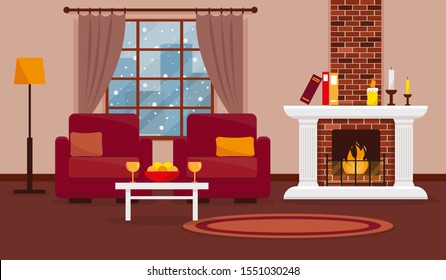 Cozy livingroom with fireplace, furniture, carpet and window with snow landscape. Interior design vector illustration.