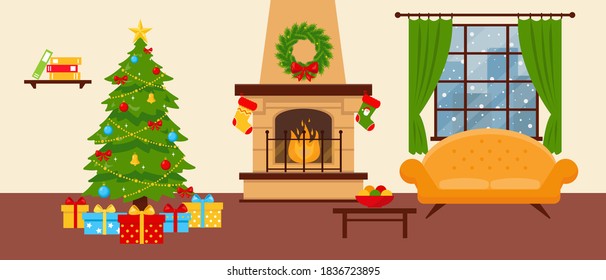 Cozy livingroom with fireplace, sofa and decorated Christmas tree. Vector illustration.