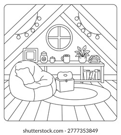 Cozy Loft Interior Coloring Page with Chair and Bookshelf
