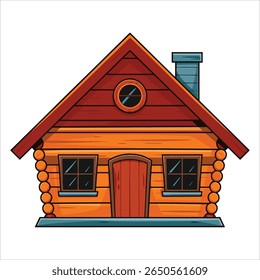 Cozy log cabin with chimney vector illustration. Rustic wooden home perfect for wilderness retreat branding and outdoor adventure themes.