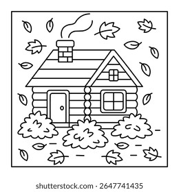Aconchegante Log Cabin no outono - outono Colorir Página com Folhas e Arbustos