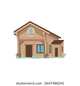 Uma ilustração de cabine de registro acolhedora com um telhado de lente íngreme, porta frontal aberta e uma placa em branco para texto personalizado.