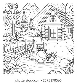 Cozy Log Cabin in Nature - Coloring Page