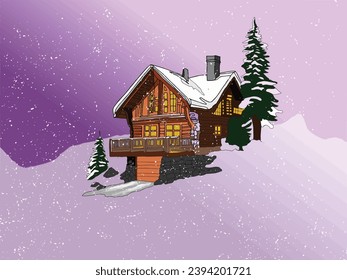 A cozy log cabin nestled in a snow-covered forest, with a warm glow from the windows. For Christmas designs