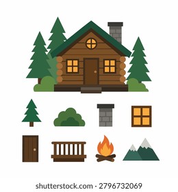 A cozy log cabin surrounded by trees with outdoor elements.
