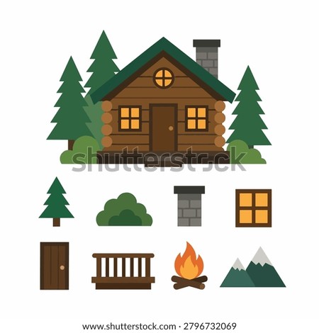 A cozy log cabin surrounded by trees with outdoor elements.