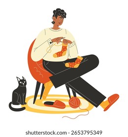 Cozy Man tricô com bolas de gato e fio Estilo liso ilustração de passatempo de inverno
