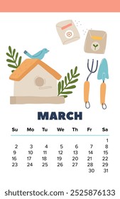 Cozy March Calendar With Handdrawn Elements Vector Illustration