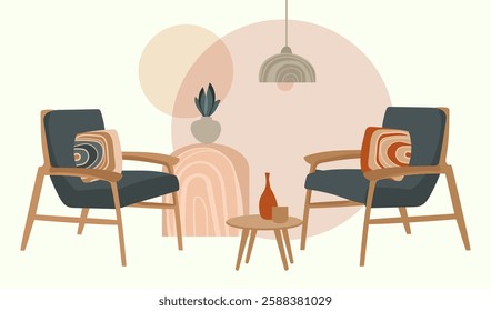 Cozy mid century modern interior with two wooden armchairs, a small table,soft lighting in neutral earth tones for interior design concepts, home decor blogs, furniture advertisements,lifestyle.Vector