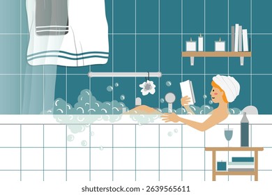 A cozy, minimalist illustration of everyday life moments with storytelling elements. A woman enjoying a luxurious bubble bath with wine and a book. Represents relaxation and quiet moments.