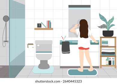 A cozy, minimalist illustration of everyday life moments with storytelling elements. A woman brushing her teeth in a minimalist bathroom. A calm morning moment in daily routine.