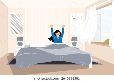 A cozy, minimalist illustration of everyday life moments with storytelling elements. A sleepy woman yawning in bed. Captures peaceful morning moments in a warm interior setting.