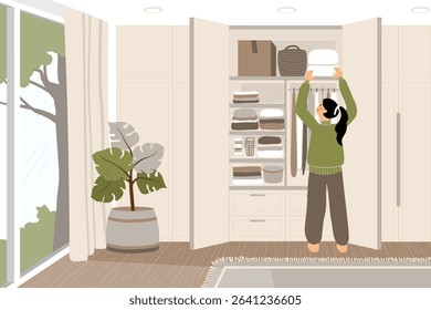 A cozy, minimalist illustration of everyday life moments with storytelling elements. A woman organizing blankets into a wardrobe. Represents tidying, home care, and daily routines.