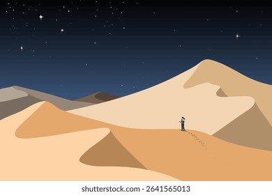 A cozy, minimalist illustration of everyday life moments with storytelling elements. A lone traveler standing on a desert dune under the stars. Represents solitude, reflection, and adventure.