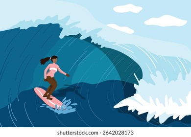 A cozy, minimalist illustration of everyday life moments with storytelling elements. A woman surfing a wave. A lively and empowering summer scene with ocean adventure.