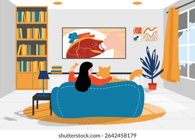 A cozy, minimalist illustration of everyday life moments with storytelling elements. A woman watching TV with her dog. Captures domestic comfort and bonding in everyday moments.