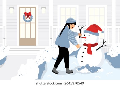 Uma ilustração acolhedora e minimalista dos momentos da vida cotidiana com elementos de contar histórias. Um boneco de neve no inverno. Uma cena festiva acolhedora repleta de diversão infantil e charme sazonal.
