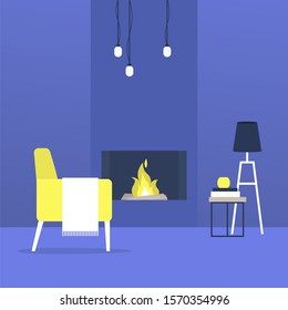 Cozy minimalist interior with a fireplace and armchair, no people