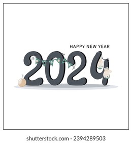 Cozy, minimalistic New year or Christmas card with numbers of the year 2024. Garland, glass balls, mittens. Vector illustration for product design, banners, cards in cartoon doodle style