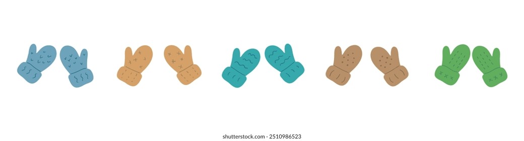 Acogedor conjunto de manoplas de Ilustraciones vectoriales. Garabatos dibujados a mano estacionales aislados sobre fondo blanco
