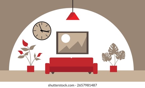 Cozy Modern Apartment Interior with Sofa and Plants Flat Style. Buildings, flat design and living room view vector art