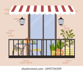 Cozy modern balcony in the apartment. Table and stools, coffee pot and cups, potted plants. House facade. Vector illustration