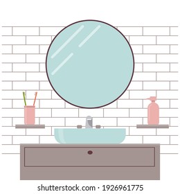  Cozy modern bathroom. Home interior. Sink with round mirror on a brick wall background.