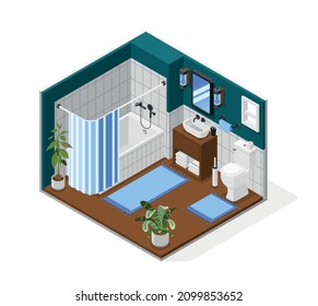 Cozy Modern Bathroom Interior With Bathtub Toilet Washbasin Two Rugs Potted Plants Isometric Composition 3d Vector Illustration