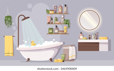 Cozy modern bathroom interior. Bathtub with foam, sink, mirror, towels, indoor plants, jars and bottles with cosmetics, personal care products. Beauty and hygiene. Stock vector illustration.