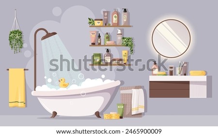 Cozy modern bathroom interior. Bathtub with foam, sink, mirror, towels, indoor plants, jars and bottles with cosmetics, personal care products. Beauty and hygiene. Stock vector illustration.