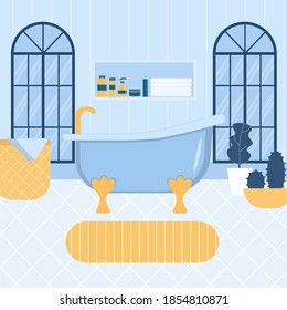 Cozy modern bathroom interior design with home plants. Beautiful arhed window. flat vector illustration in blue and yellow color.