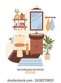 Cozy modern bathroom interior. Toilet, sink, mirror, shelves with decor, plants, and towels. Perfect for home design and decor concepts. Vertical hand drawn illustration in flat style. Vector.