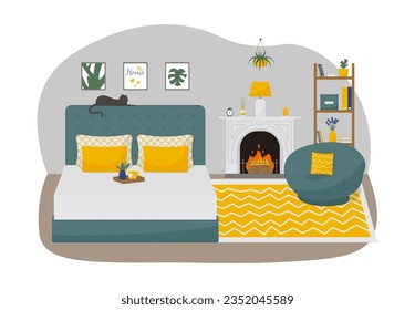 Cozy modern bedroom interior with double bed and fireplace. Concept vector illustration in flat style.
