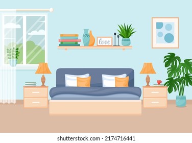 Cozy modern bedroom interior with furniture and windows. Vector illustration