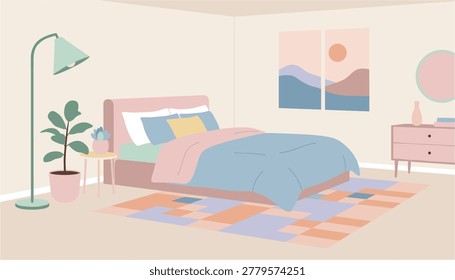 Cozy modern bedroom with large bed and soft lighting