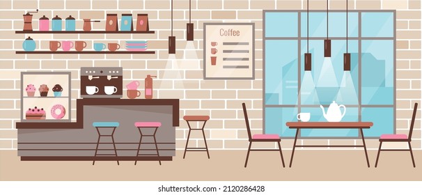 Cozy modern cafe or cafeteria with chairs and table. Coffee shop or bakehouse. Interior design flat or cartoon vector illustration.