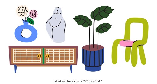 Cozy modern interior elements set with mid-century furniture, indoor plants and decor. Vector illustration of a stylish living room with a sideboard, chair and flower pots
