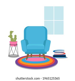  Cozy modern interior.Stay home. My sweet home. Vector flat style illustration. Living room interior. Comfortable chair, window, books and house plants.