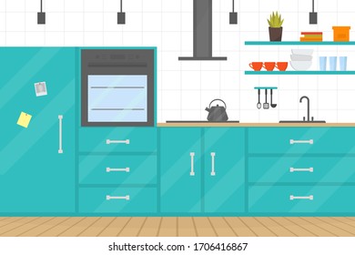 Cozy modern kitchen interior with furniture and stove, dishes, fridge and utensils. Home design. Cooking theme. Flat vector illustration.