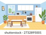 Cozy modern kitchen interior illustration with dining table, chairs, plants and household appliances. Flat vector scene of a bright home kitchen for lifestyle, interior design and real estate concepts.